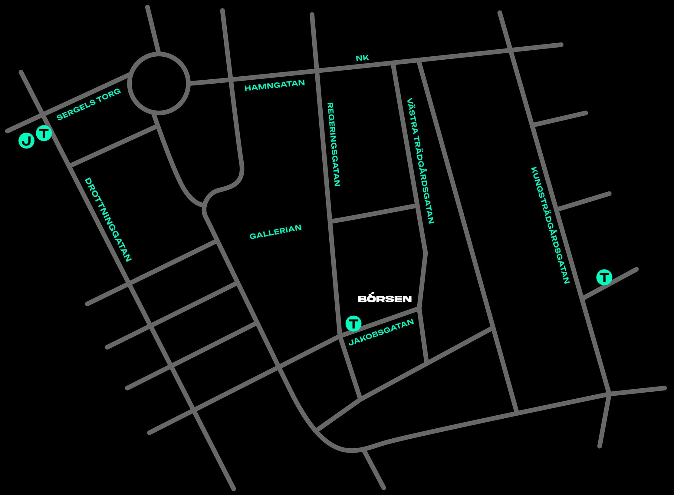 Karta som visar Börsen Stockholms läge i centrala Stockholm.